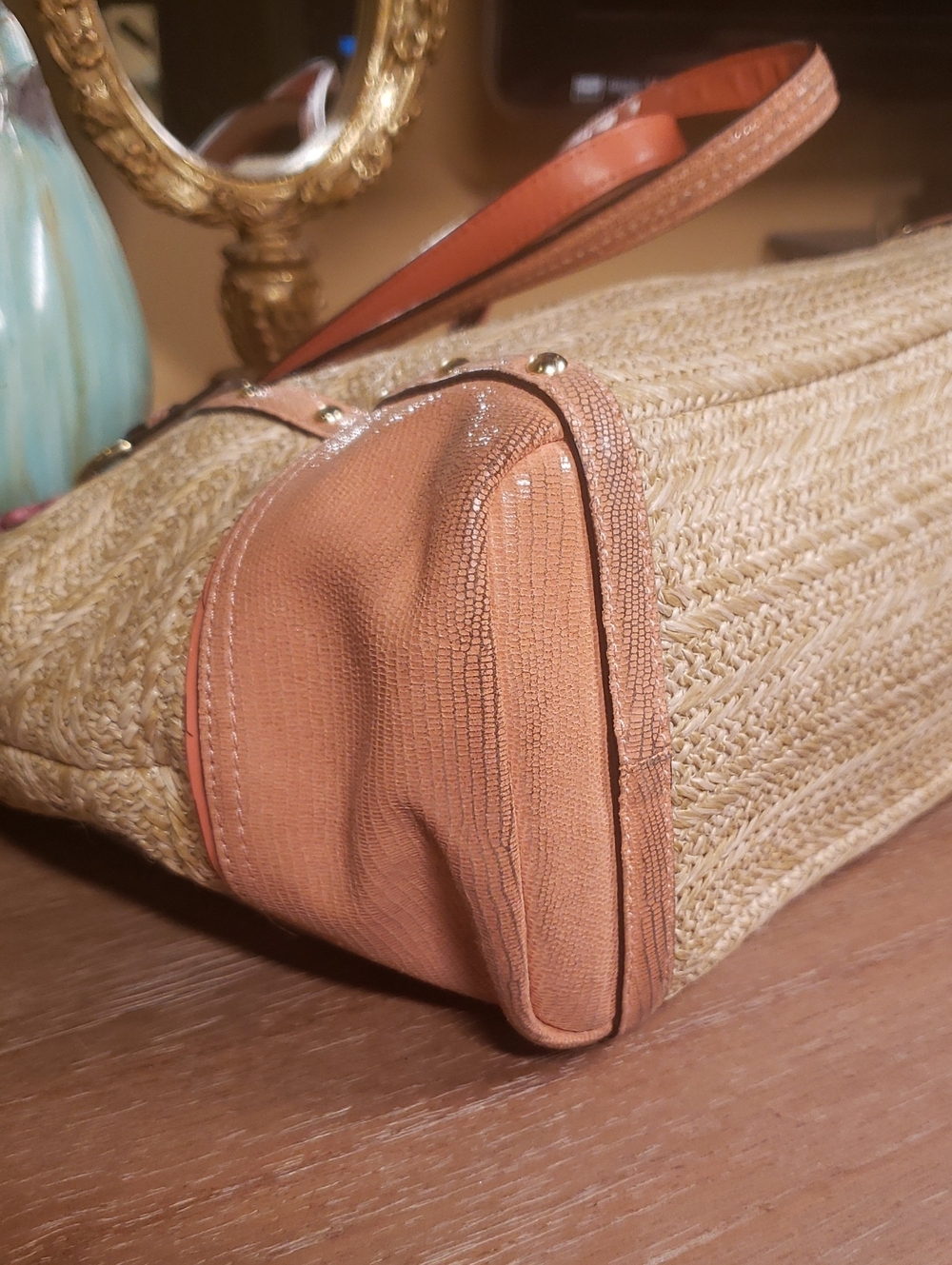 Coach Alexandra Straw Studded Tote Coral Leather w/ Flower Charm (Retail $398) - Picture 9 of 15